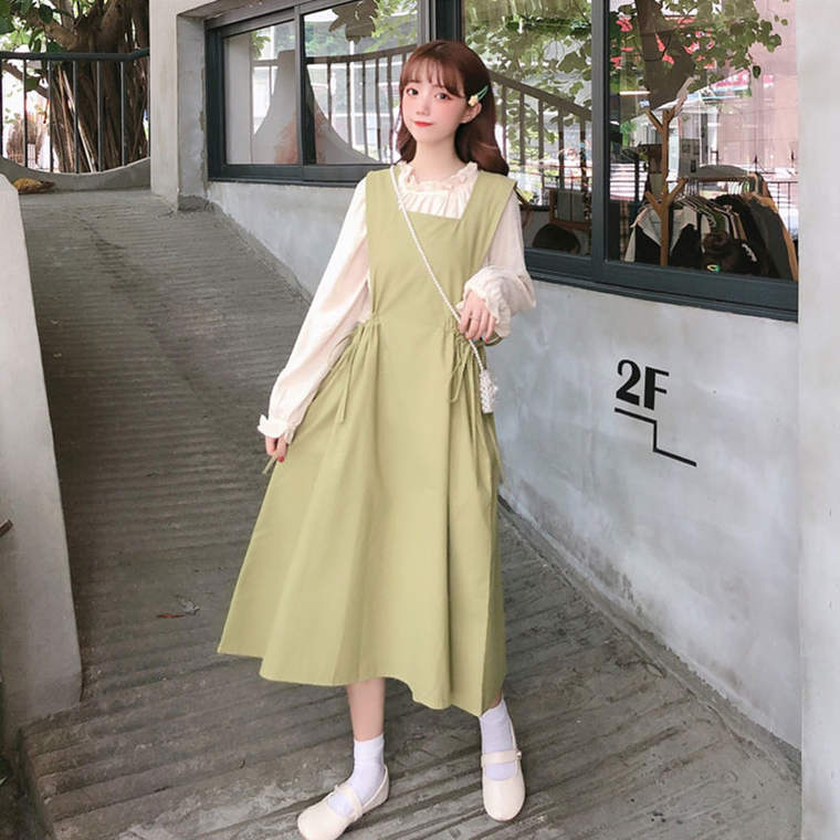送料無料 旬カラーコーデ ナチュラル ガーリー フリルネック シャツ ロング ワンピース ジャンパースカート ２点セット Lamitte Deco トレンド 韓国ファッション ショップ Base店