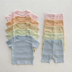 【BABY&KID】夏作柔らかなリブ素材Tシャツ＆ショートパンツセット