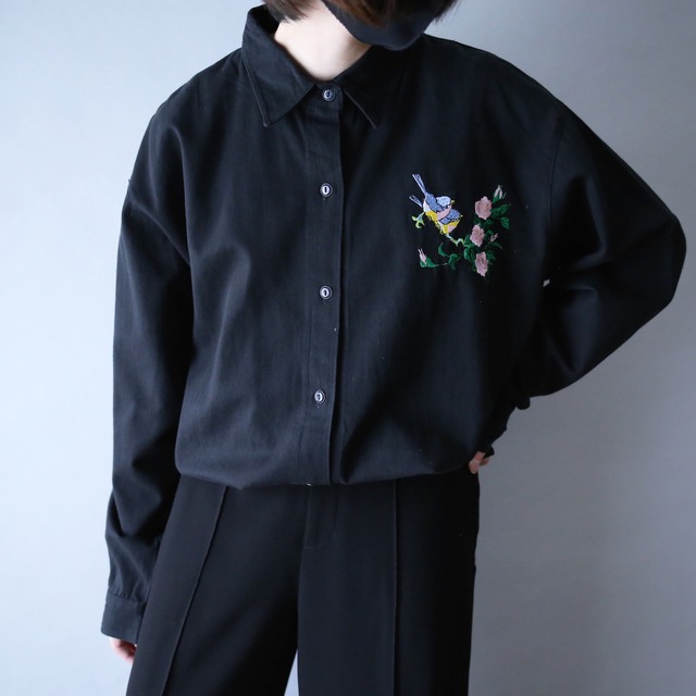 "刺繍" 鳥×花 front and back design black mode shirt