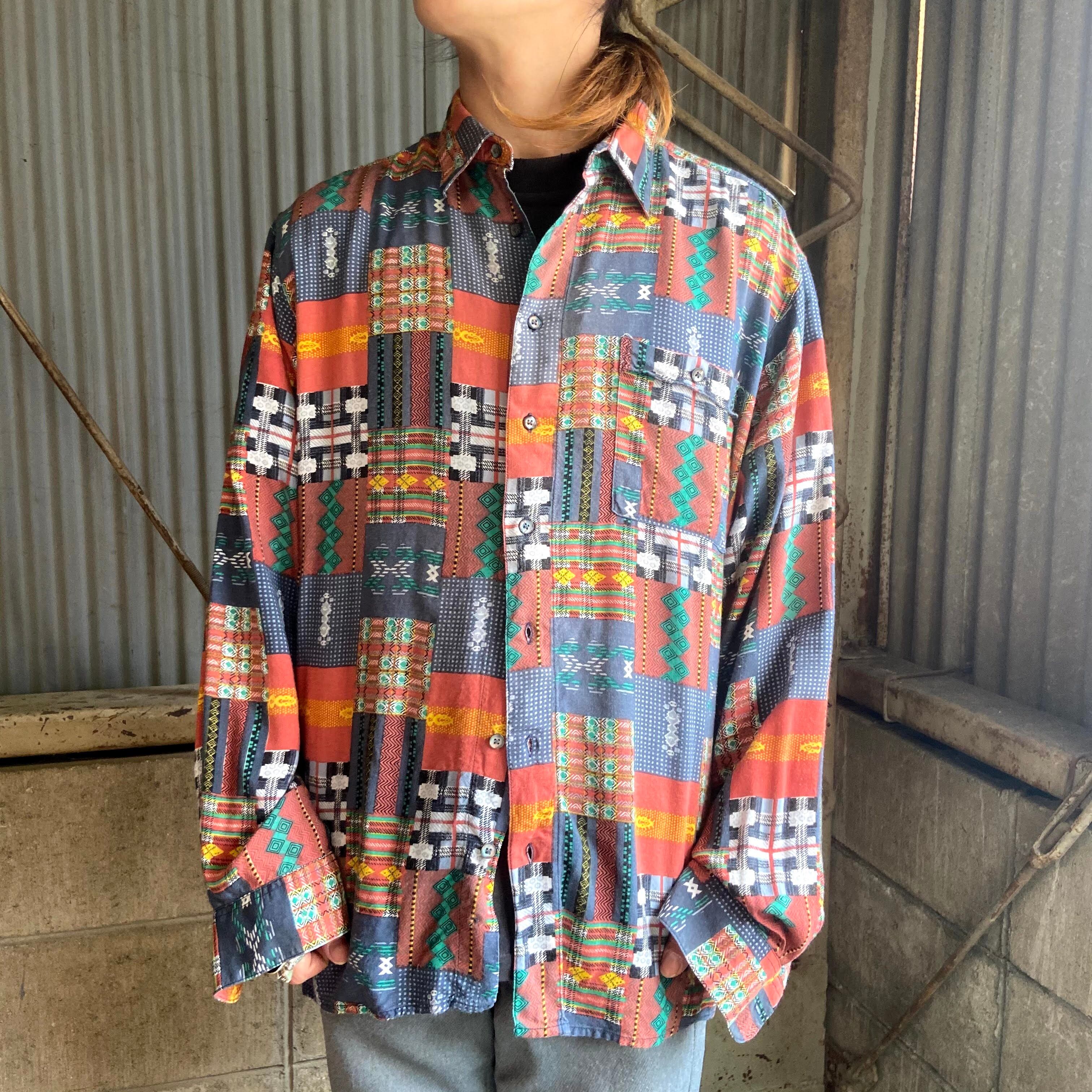 長袖 レーヨン 総柄シャツ メンズL相当 古着 ブルー レッド 青 赤