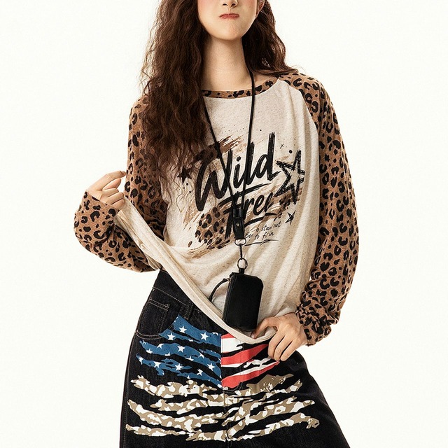 レオパードスリーブグラフィックロングスリーブTシャツ 1col   R02557