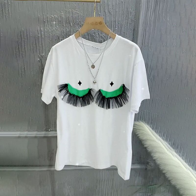 サマーラウンドネックメッシュダブルパターンTシャツ 大きめサイズ 夏物 Oネック ステッチ ミックスインファッション24011384231