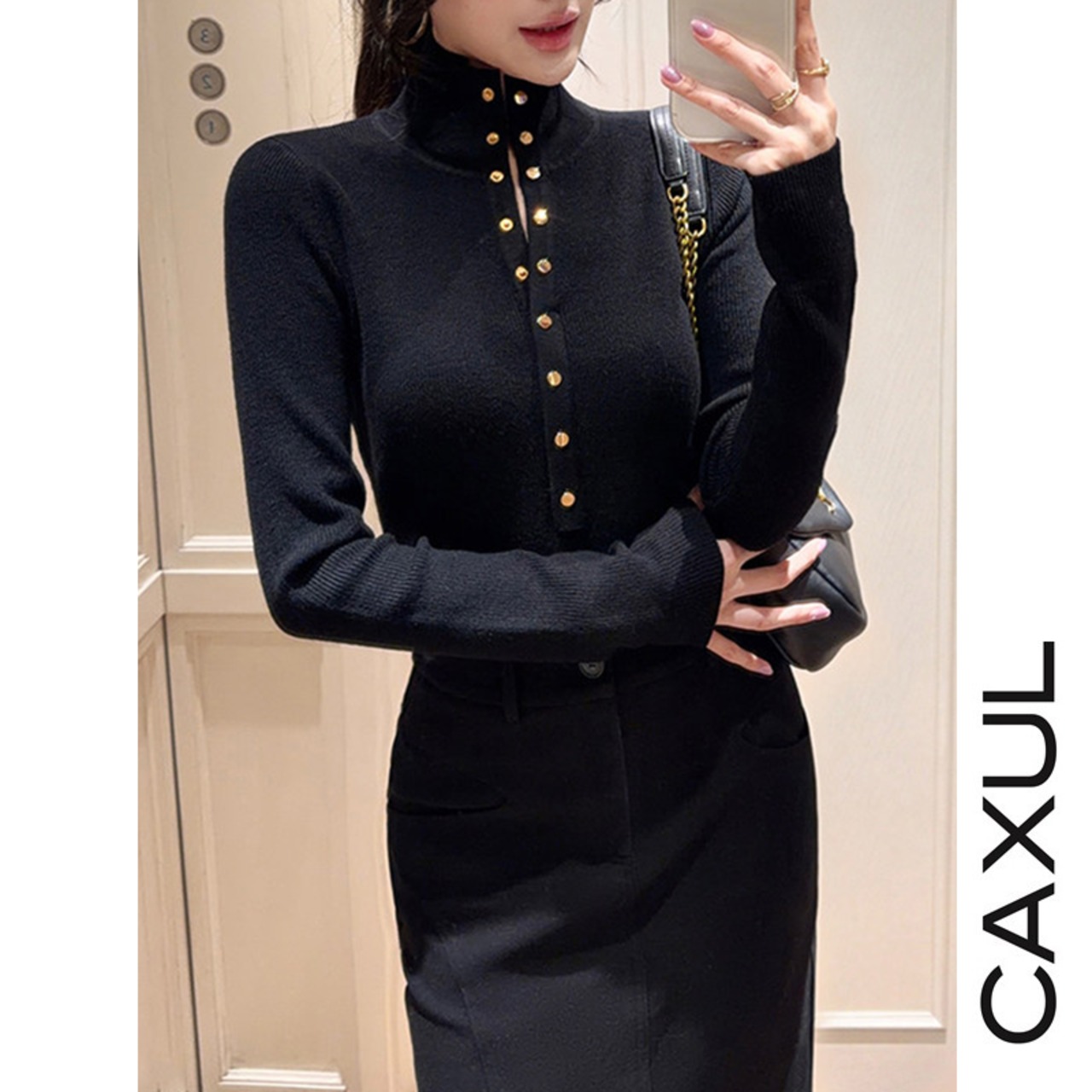 Gold Button High Neck Knit