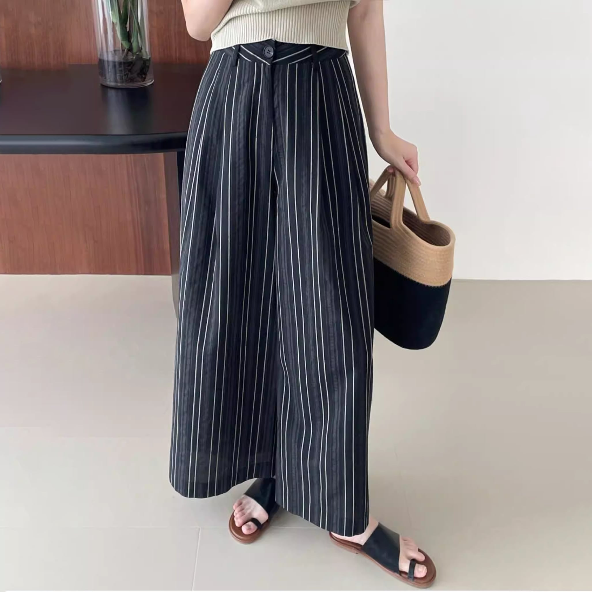 stripe wide pants 14353