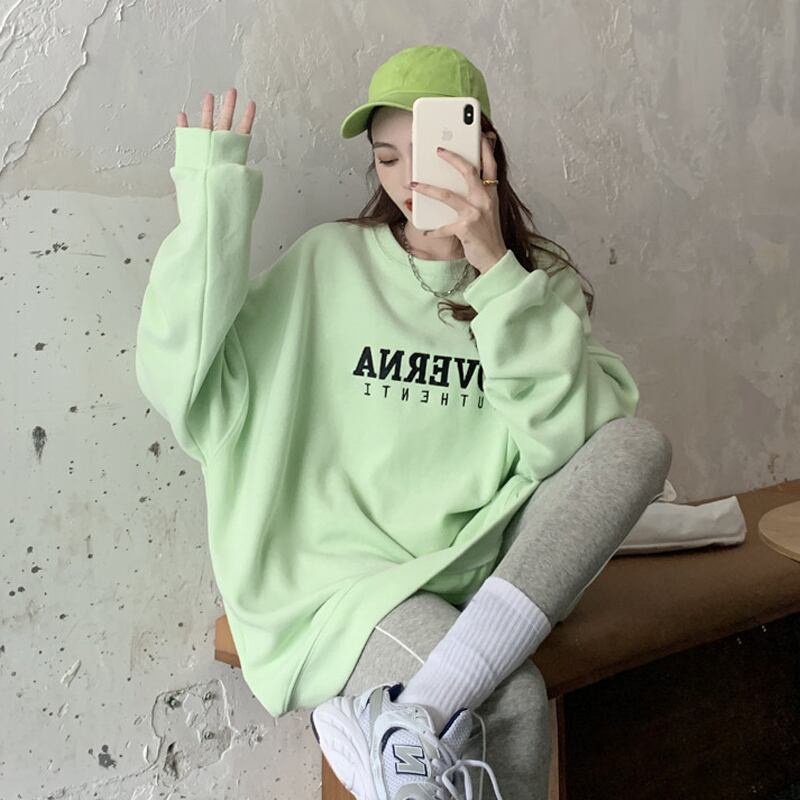 グリーンラウンドネックセーター スプリングオータムルーズ長袖スリーブトップス ロング 春物 秋物 Oネック 試着室21836159763