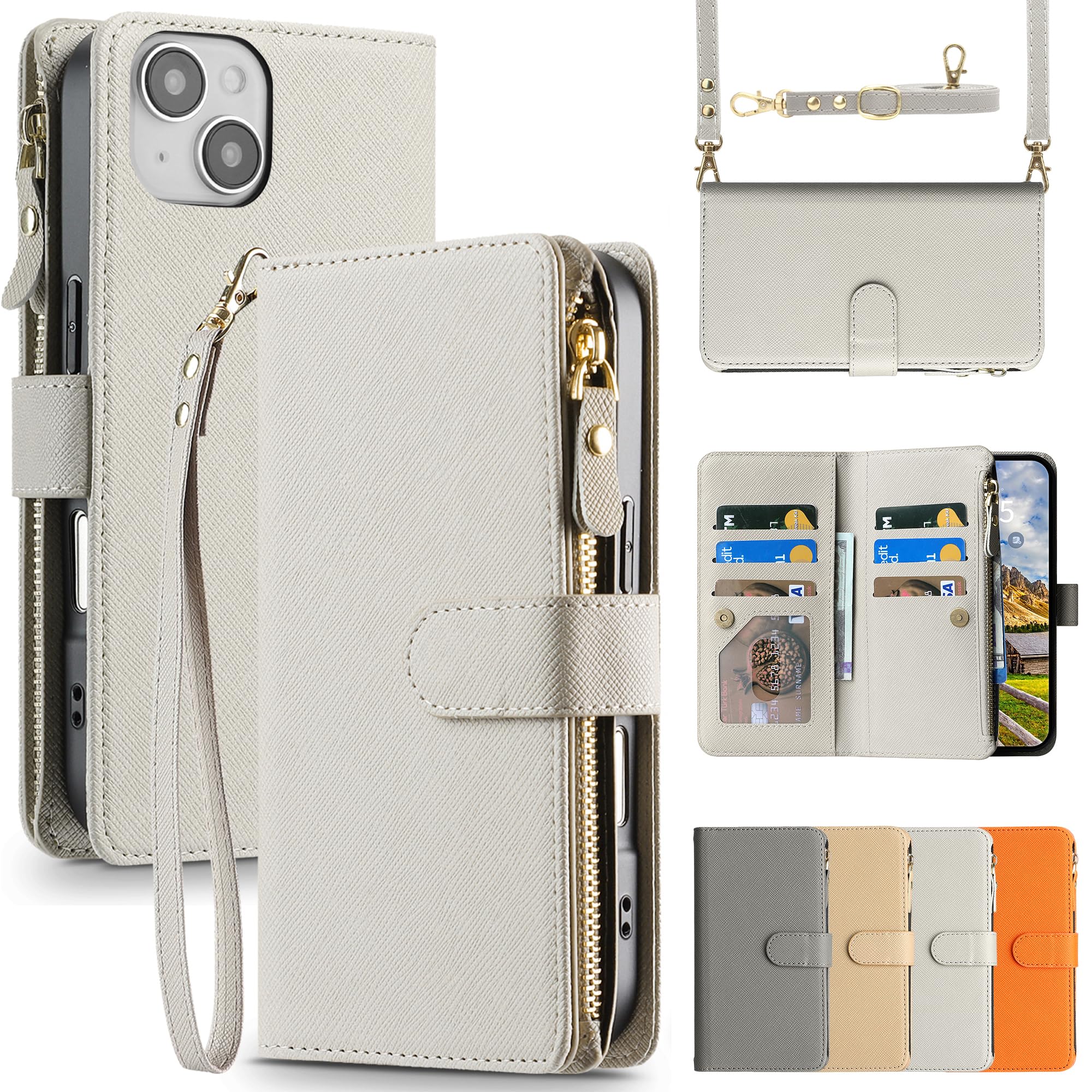 TENSIK iPhone 13/iPhone 14 用 ケース 手帳型 ショルダー カード収納 大容量財布型 ストラップ付き ライトベージュ