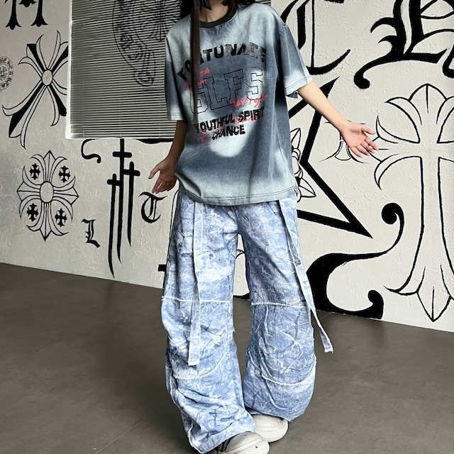 グラデーションウォッシュレタープリントデニムTシャツ 1col R02535