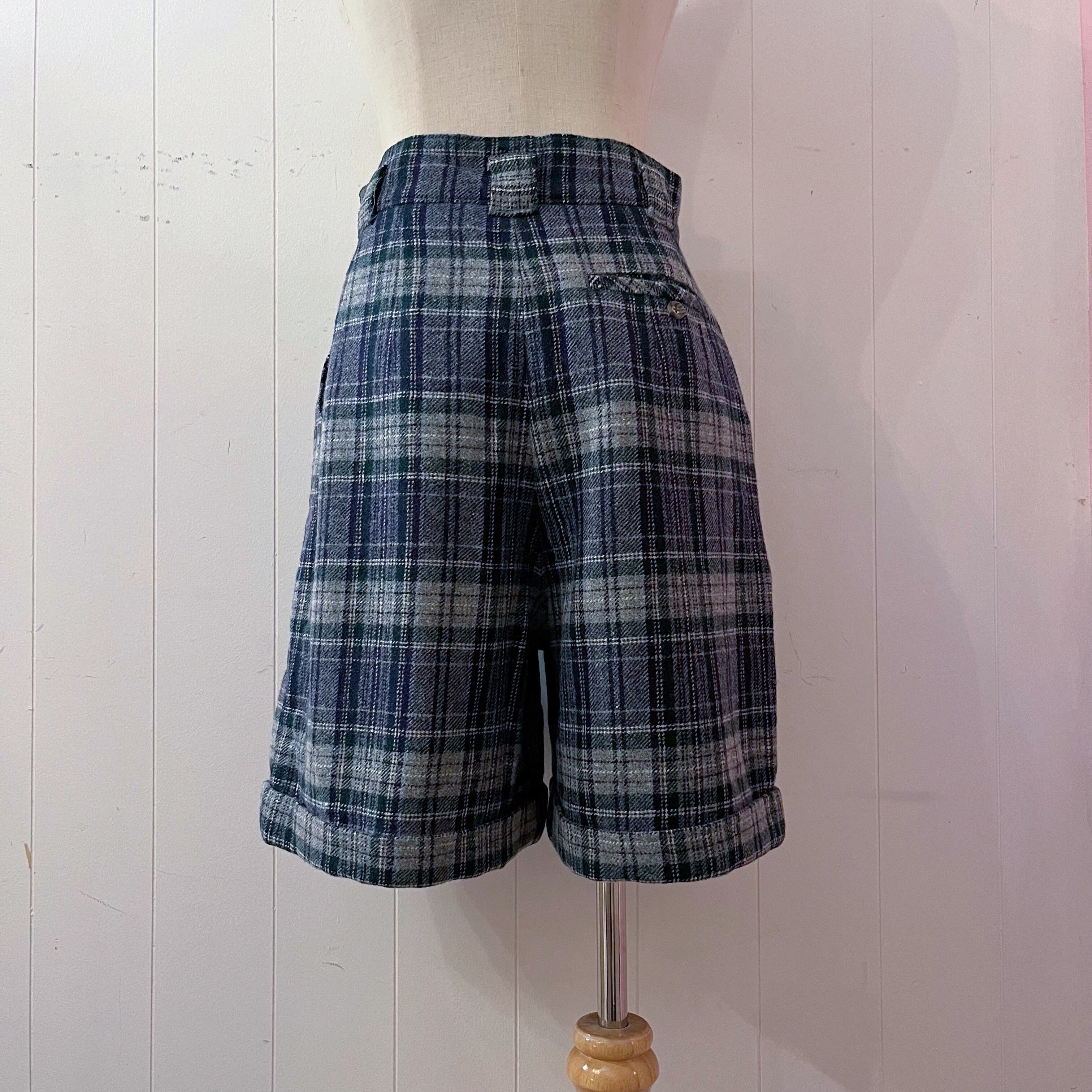 gold button blue check pants