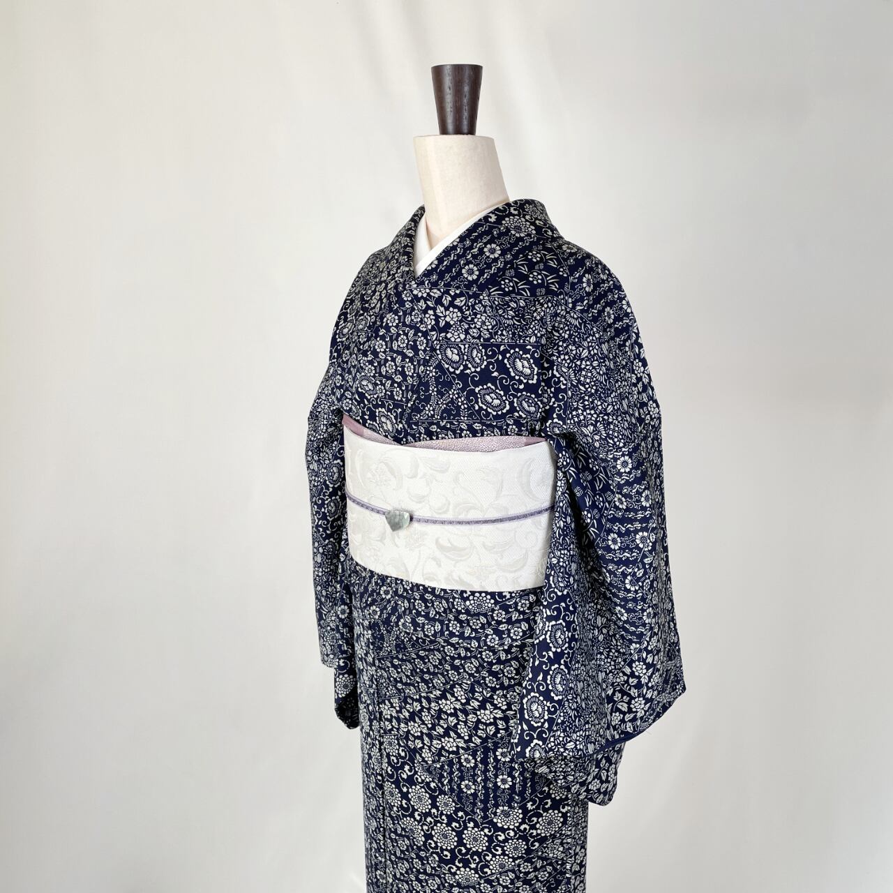 袷着物 小紋着物 正絹 青海波 黒 手縫い仕立て