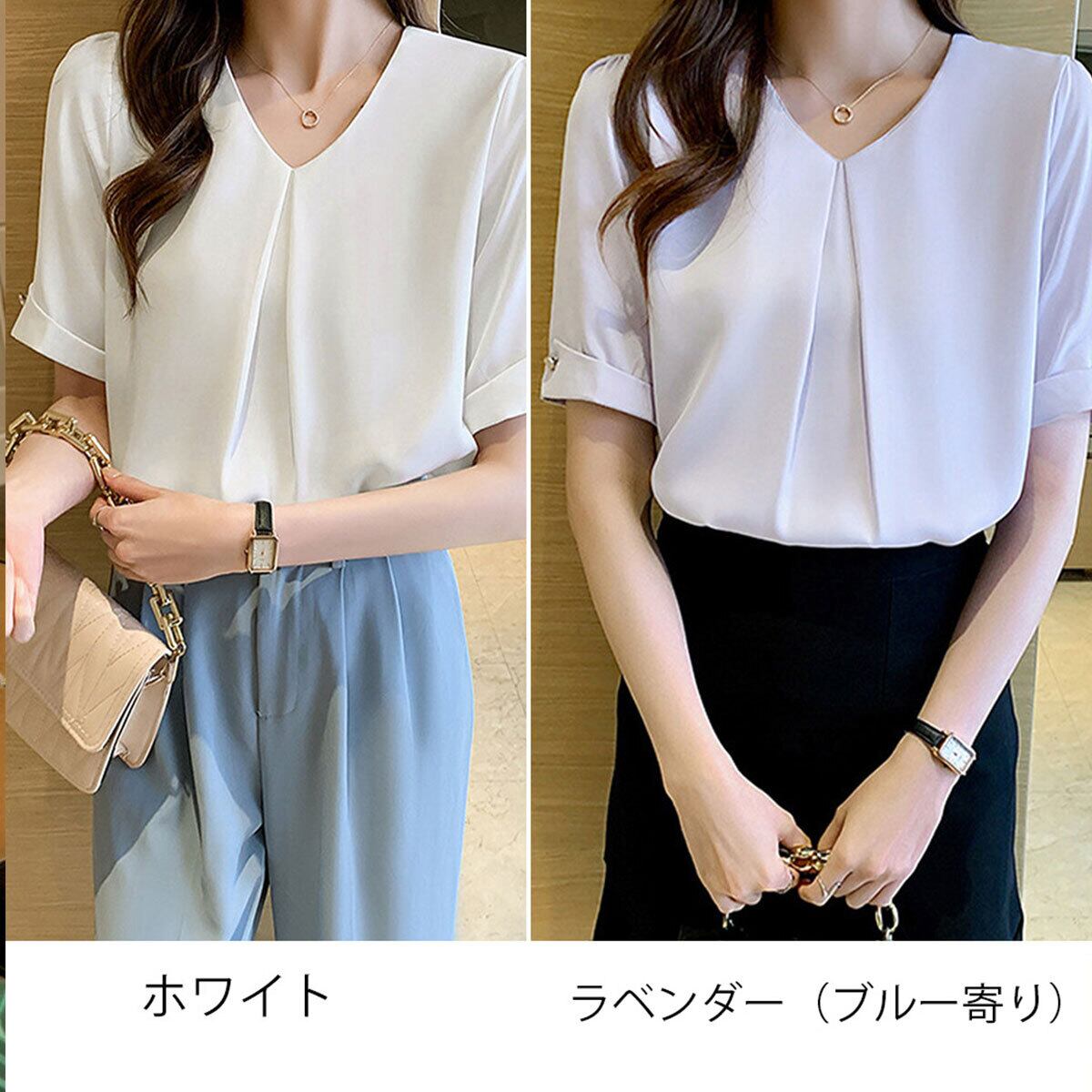 サテン風 ブラウス 半袖 Vネック レディース 春夏 きれいめ 大人 フェミニン 通勤 ビジネス オフィス OL 参観日 入学式 卒業式 入園式 卒園式 シンプル 清楚 上品 大人可愛い 大人女子