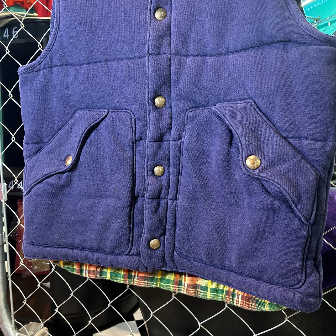 90s Polo Ralph Lauren コットンベスト　裏地チェック　中綿　ネイビー　S