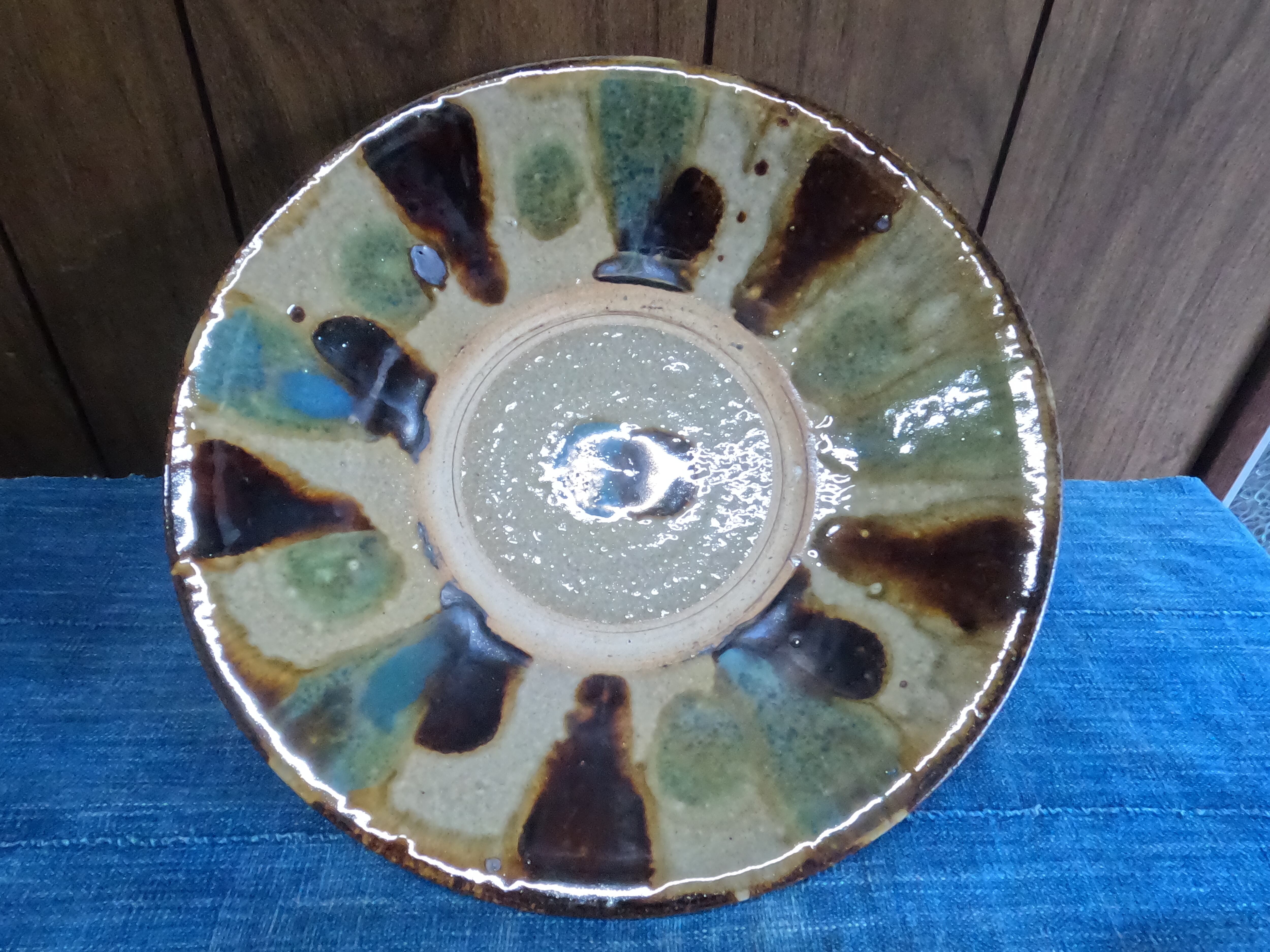 横田屋窯 やちむん 尺皿 三彩 点打ち 飴 オーグスヤー