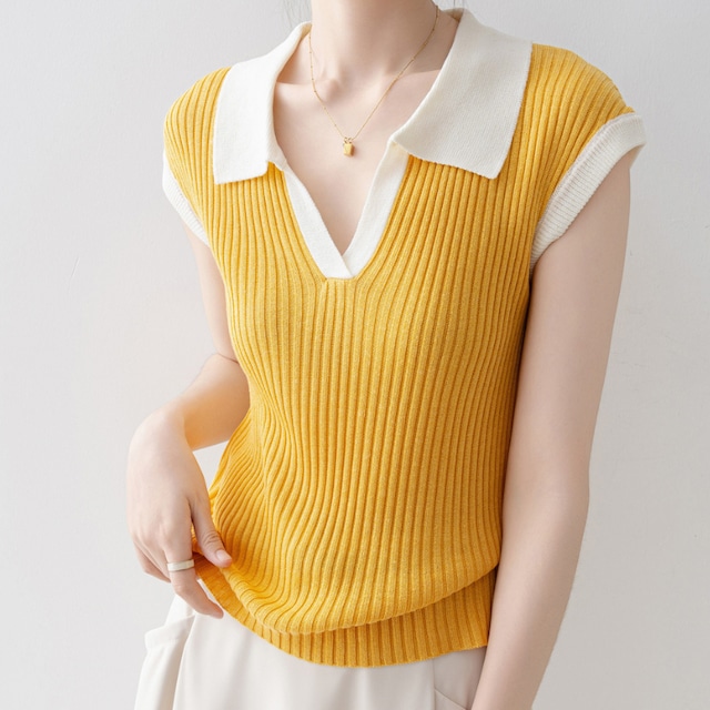 ポロネックフレンチスリーブニット U0529