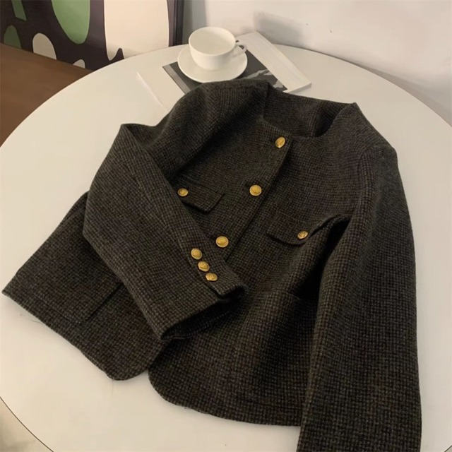 金ボタンノーカラーチェックジャケット 231841