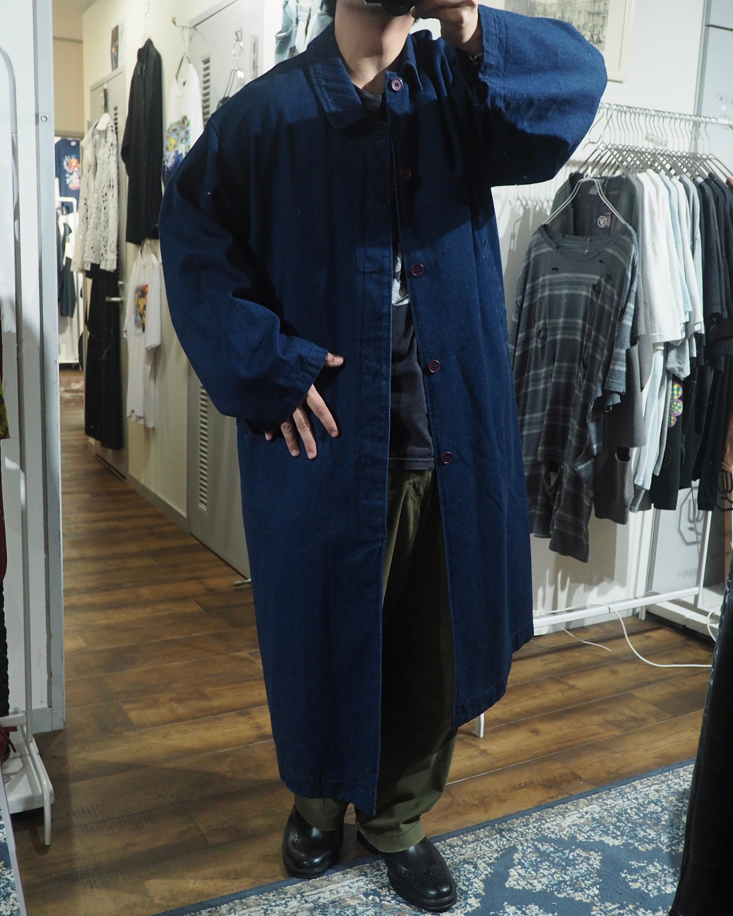 1980 - 90s ” 群青 ” Beautiful Indigo Blue Color Vintage Long Denim Coat