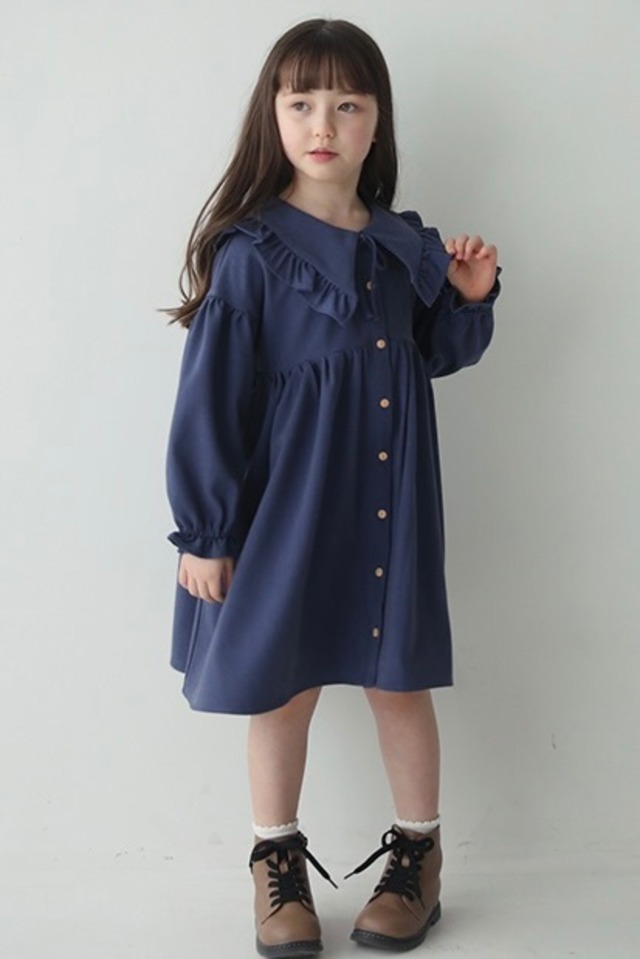 リボン付ピューリタンカラーワンピース<Blue>