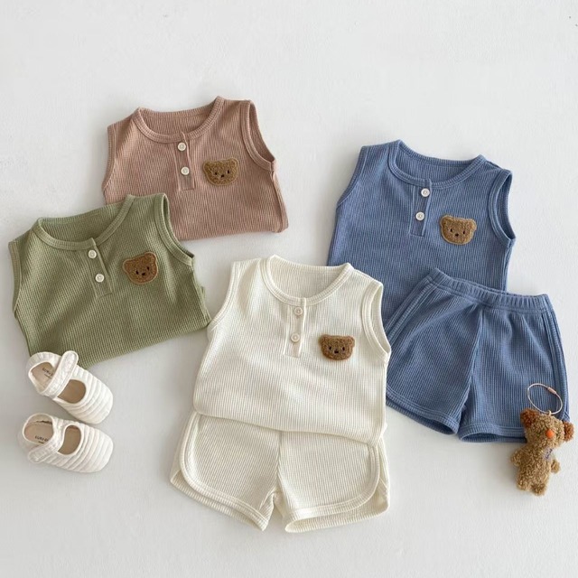 【80-130】春新作熊柄ワッフル 2点セット