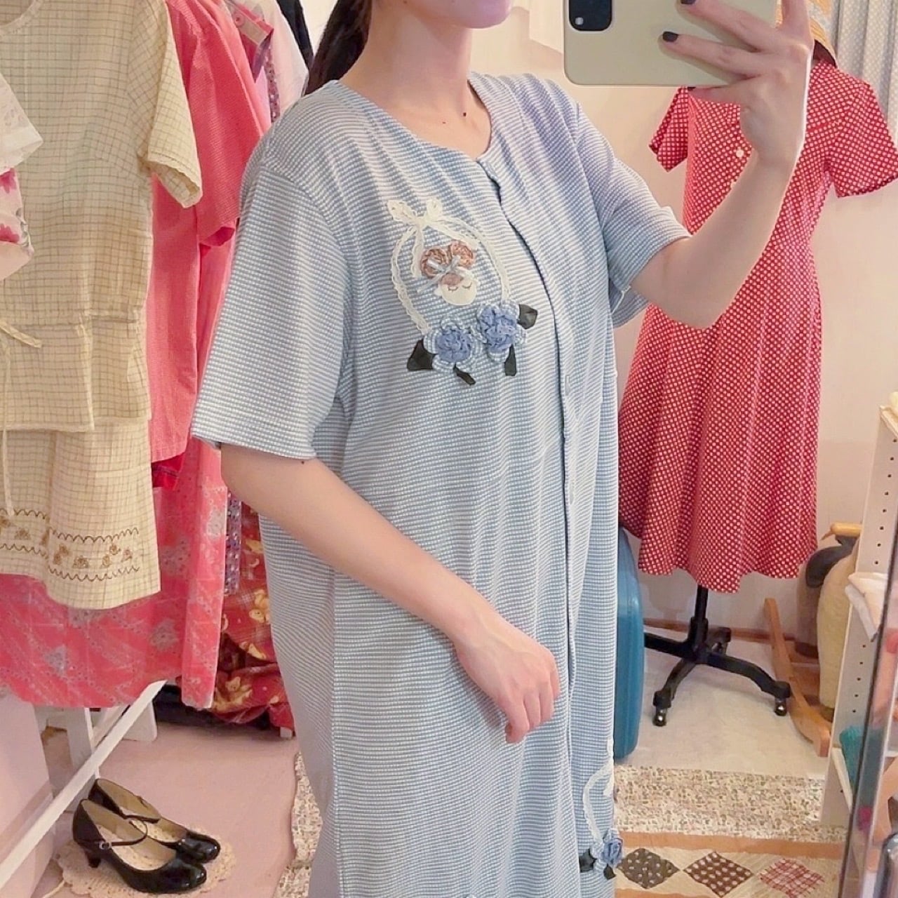 doll applique light blue one-piece