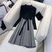 ニット ワンピース ニットワンピース レディースニット ミモレ丈 フレアワンピース プチハイネック 長袖 Aライン タックスリーブ フェミニン オフィス きれいめ 伸縮性 ストレッチ