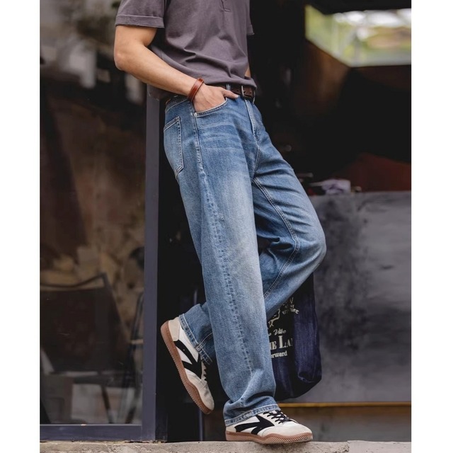 レザーパッチディテール ウォッシュドストレッチジーンズ 11342