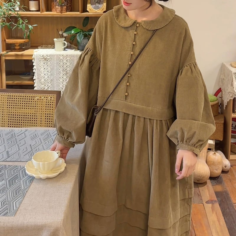 コーデュロイパフスリーブティアードワンピース W1120