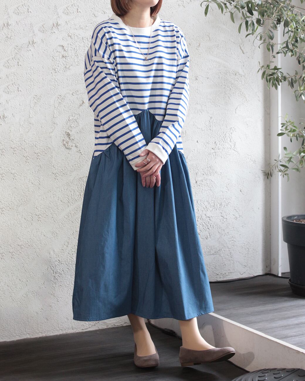 45R 物足りなく インドリネンの半袖切り替えドレス 