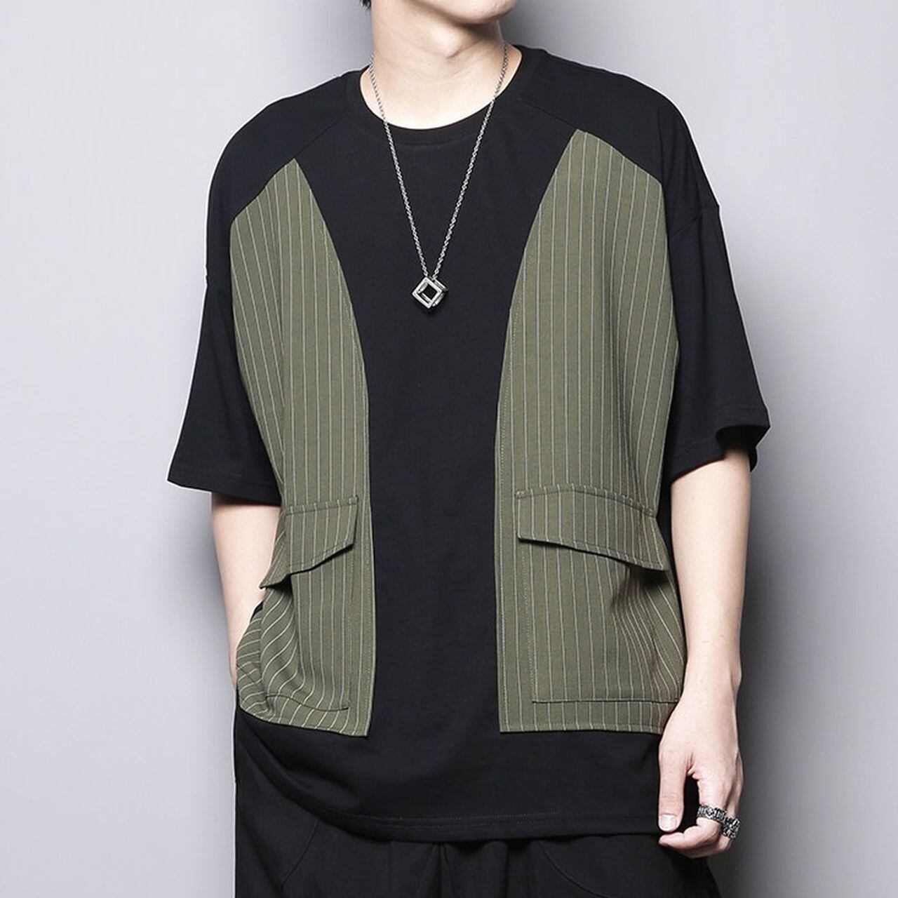 Striped patchwork crew neck short-sleeved T-shirt(MT1487)