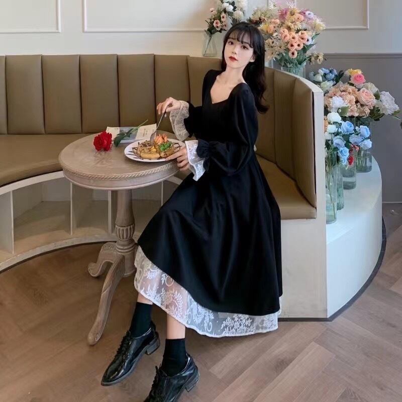 韓国 パフスリーブ ミドル丈 フリルレースワンピース 505085 ワンピース フリルスカート ミドル丈ワンピース レース ミドル丈