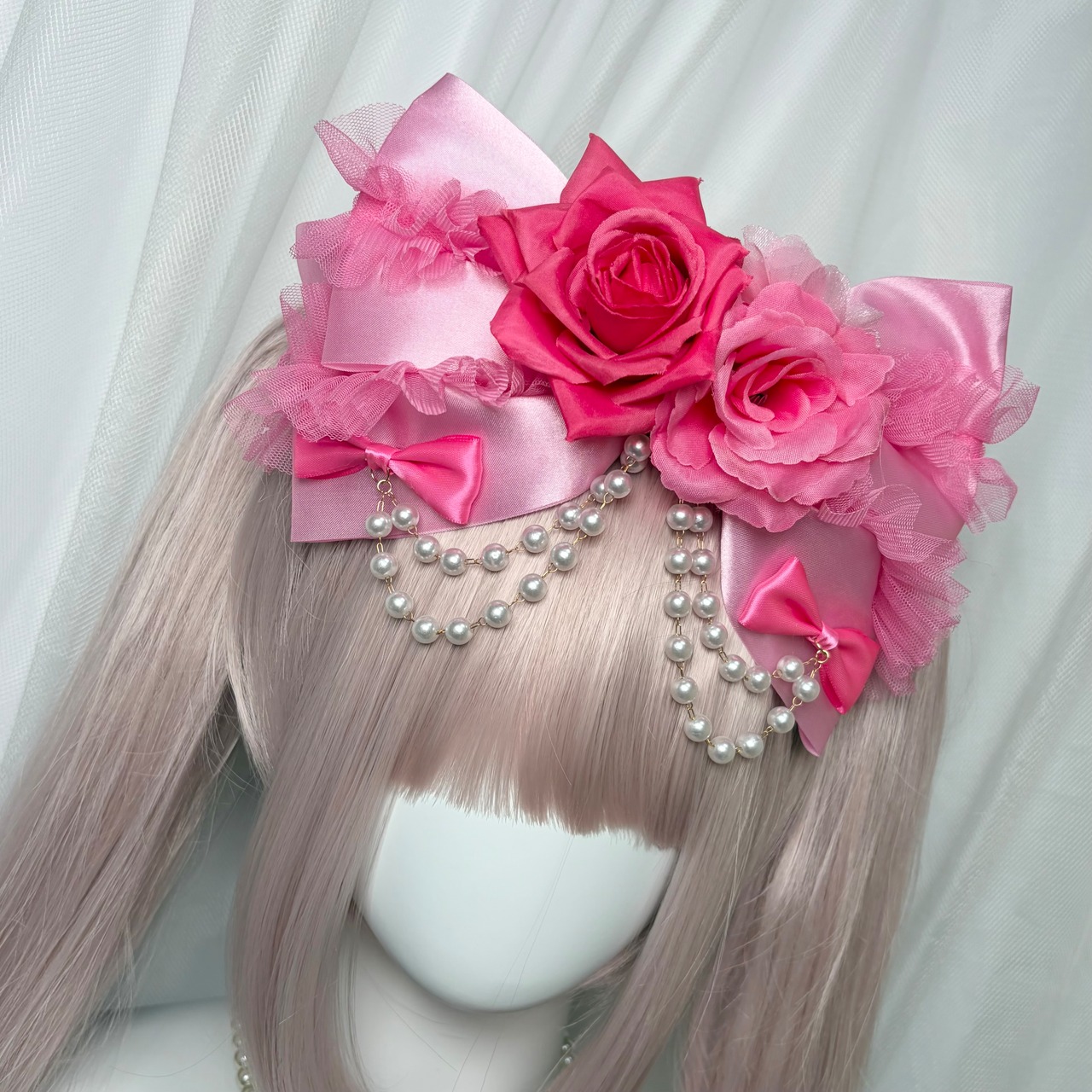 ♡【全2色】姫GAL 薔薇付き パールチェーンフリルBIGリボンヘアクリップ pink ♡
