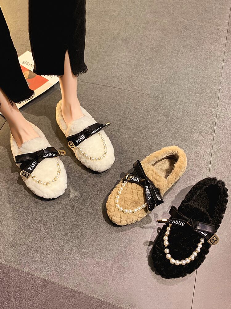 シングルウィンタースタンダードパールリボン 靴 シューズ レトロ 冬物 真珠 フェイクシューズ62259601224