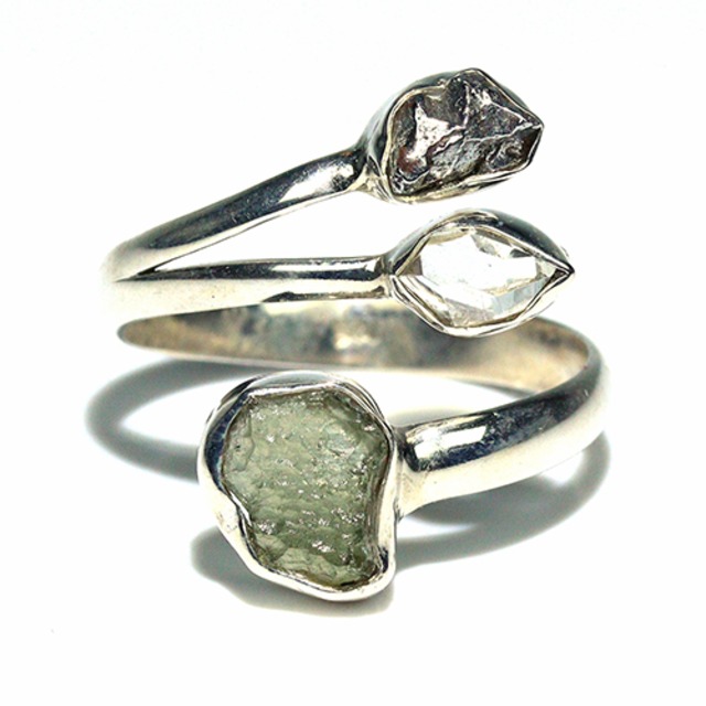 〔R469-7〕天然モルダバイト 鉄隕石 ハーキマーダイヤモンド sv925 リング 指輪 サイズフリー meteorite