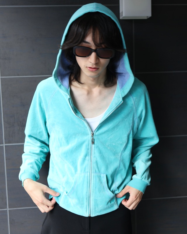short length velour zip-up hoodie