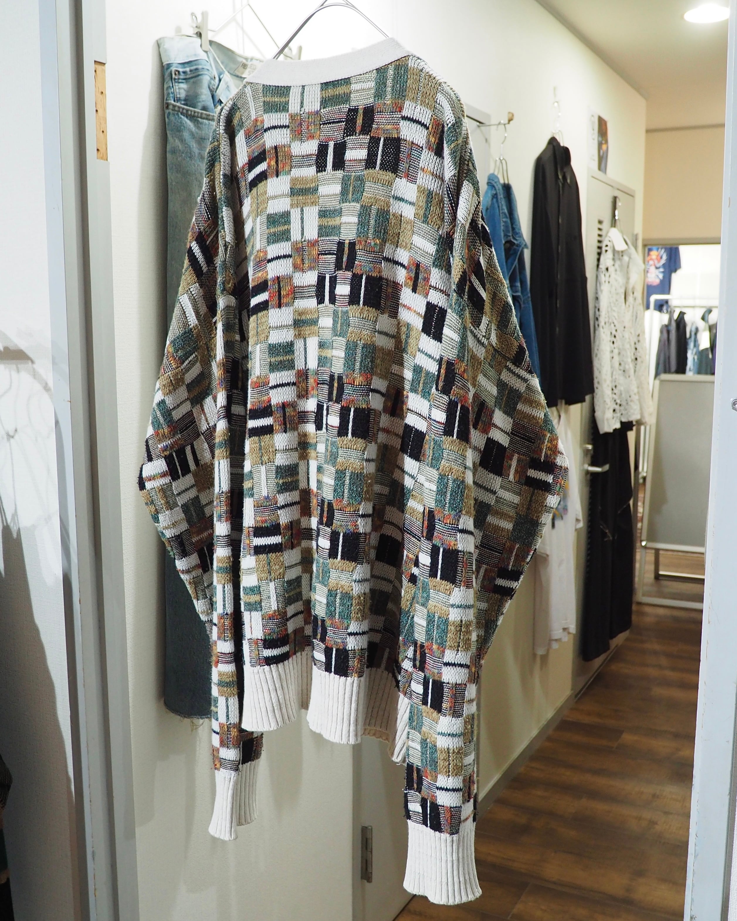 1990s Multi Color Block Weaving Vintage Loose Knit Cardigan