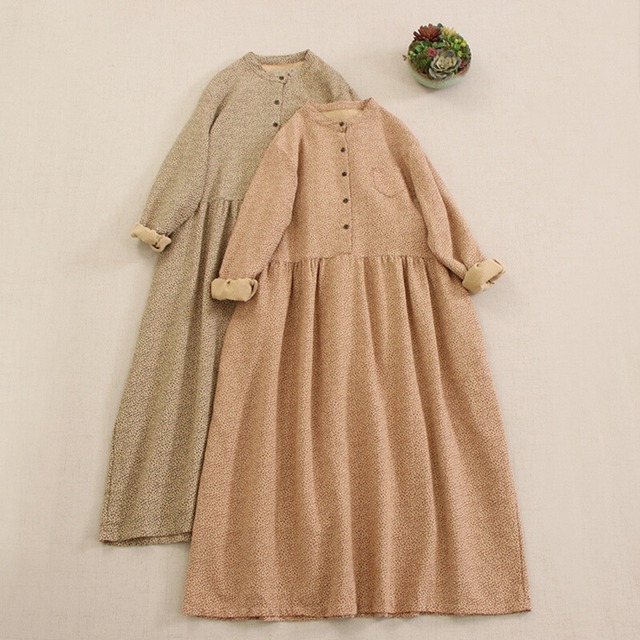 レトロ小花柄ハーフボタンワンピース W0829