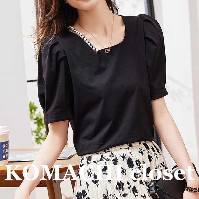 【送料無料】 パフスリーブ 半袖ブラウス エコパール パール エレガント Tシャツ スクエアネック 韓国 レディース  オルチャン 袖あり かわいい 大人可愛い フォーマル きれいめ シンプル 大人 上品 おしゃれ お洒落 大人女子 こなれ感 ラブリー キュート 主役級 存在感 抜け感 無地 春 夏 20代 30代 40代 オフィス ビジネス OL 通勤  通学 デート  女子会 お泊まり 休日 イベント 旅行 着回し 普段使い 重ね着 トレンド インスタ映え 黒 ブラック S M L XL 2XL