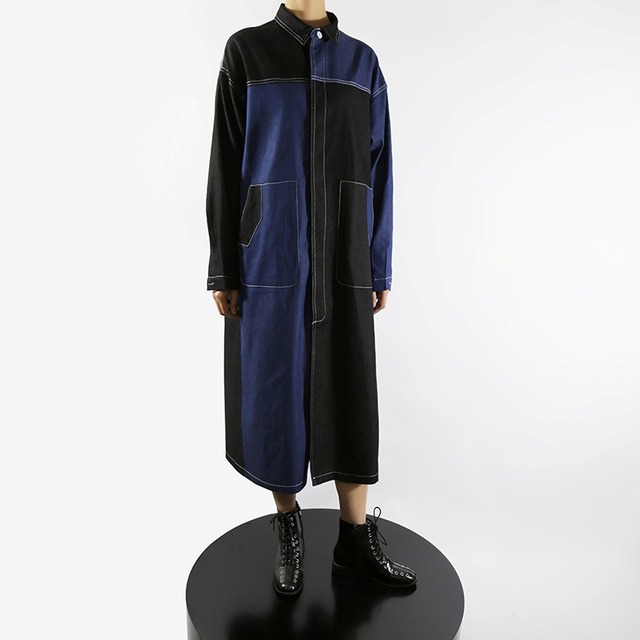 DENIM PATCHWORK DESIGN LONG SHIRT DRESS 1color M-3524