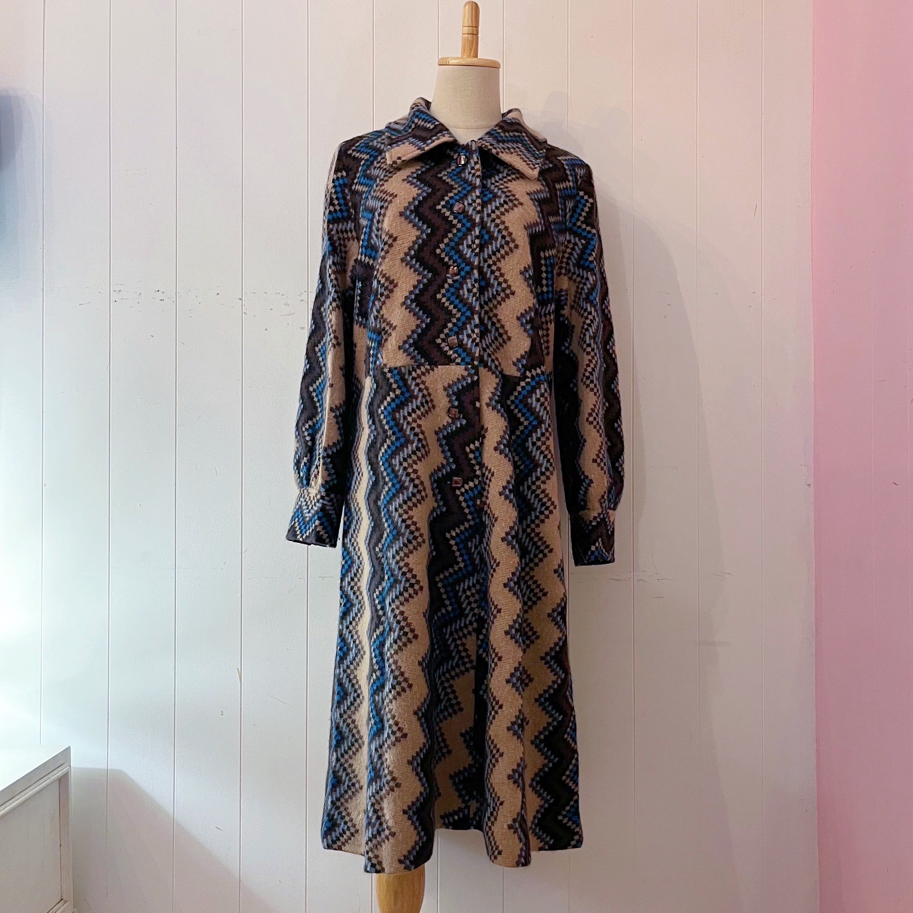 blue brown zigzag wool one-piece