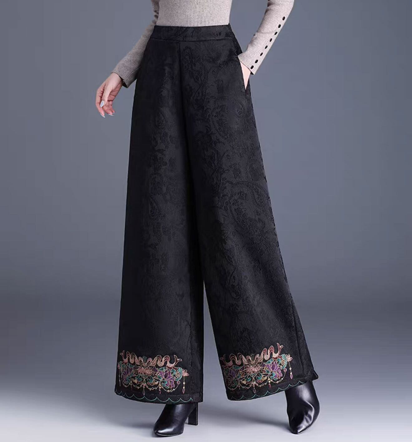 チャイナ服 パンツ 秋冬厚め 刺繍裾 チャイナパンツ zb283 | チャイナ