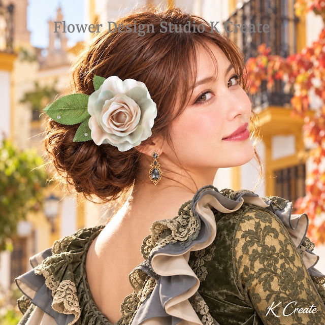 フラメンコ髪飾り 大輪 12cm グレイッシュローズのフローレス|ニュアンスカラー・グレー・薔薇・ワイヤー・発表会・舞台