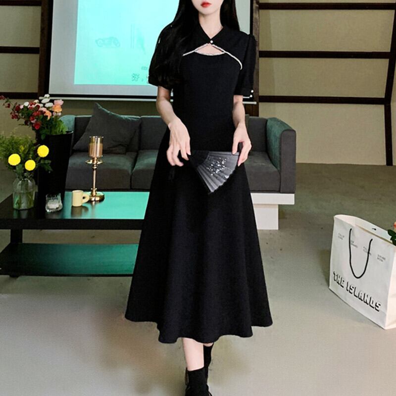 董小姐シリーズ チャイナ風ワンピース 大きいサイズ チャイナ服 中華服 ロング丈 ブラック 黒い Elegant 董小姐シリーズ チャイナ風ワンピース 大きいサイズ チャイナ服 中華服 ロング丈 ブラック 黒い Elegant