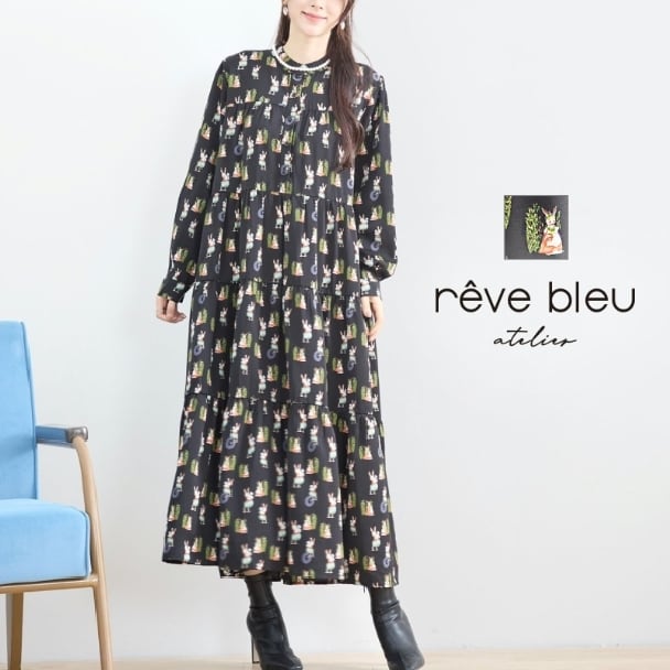 reve bleu ラビット柄 マキシロング ギャザーワンピース ウサギプリント・長袖・大人可愛い C38-1033 fmsd M L レディース 長袖 デイリーファッション 大人フェミニン 普段着 ミセス おしゃれ着 30代 40代 50代 60代