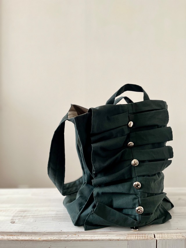 2way frill shopping bag # silver button viridian