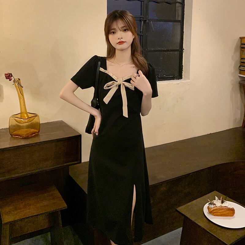 ブラックカラードレス サマースタンダードロングスカート レトロ 夏物 スクウェア 試着室85938240015