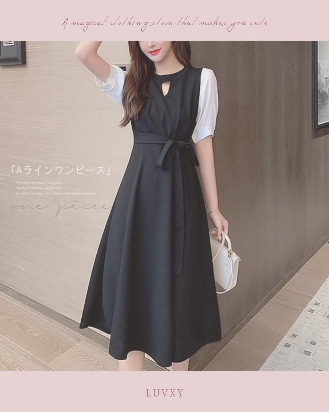 即納 M Xl プチプラ ワンピース 袖切り替えワンピ レトロ風 J148 Luvxy