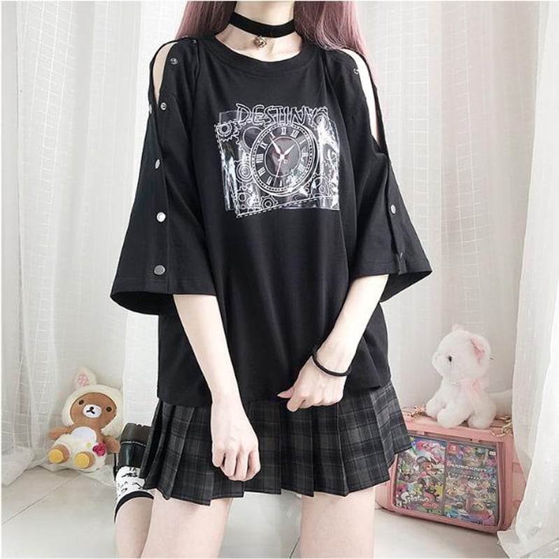 時計プリント オフショルダーTシャツ Sサイズ Tシャツ オフショル DESTINY 時計 プリント モノトーン ガーリー 甘め