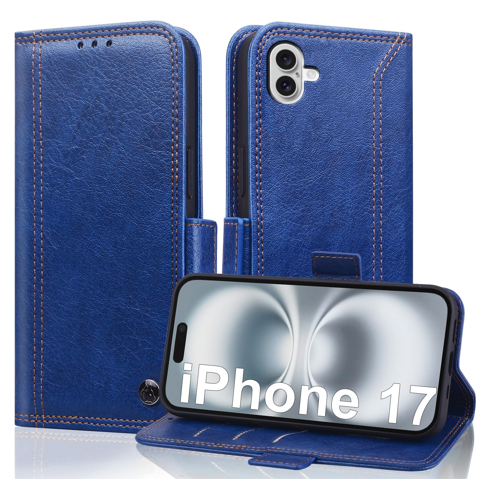 Noaivoky For iPhone 17 ケース 手帳型 あいふおん17ケース カード収納 スタンド機能 スマホケース アイフォン17 いphone17 カバー 防水 高級PUレザー スマホカバー あいほん17 RFIDブロッキング アイホン17 カード 全面保護 耐衝撃 耐摩擦 軽量 ビジネス - ブルー