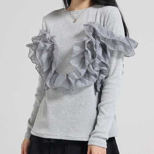 オーガンジーフリルリブトップス