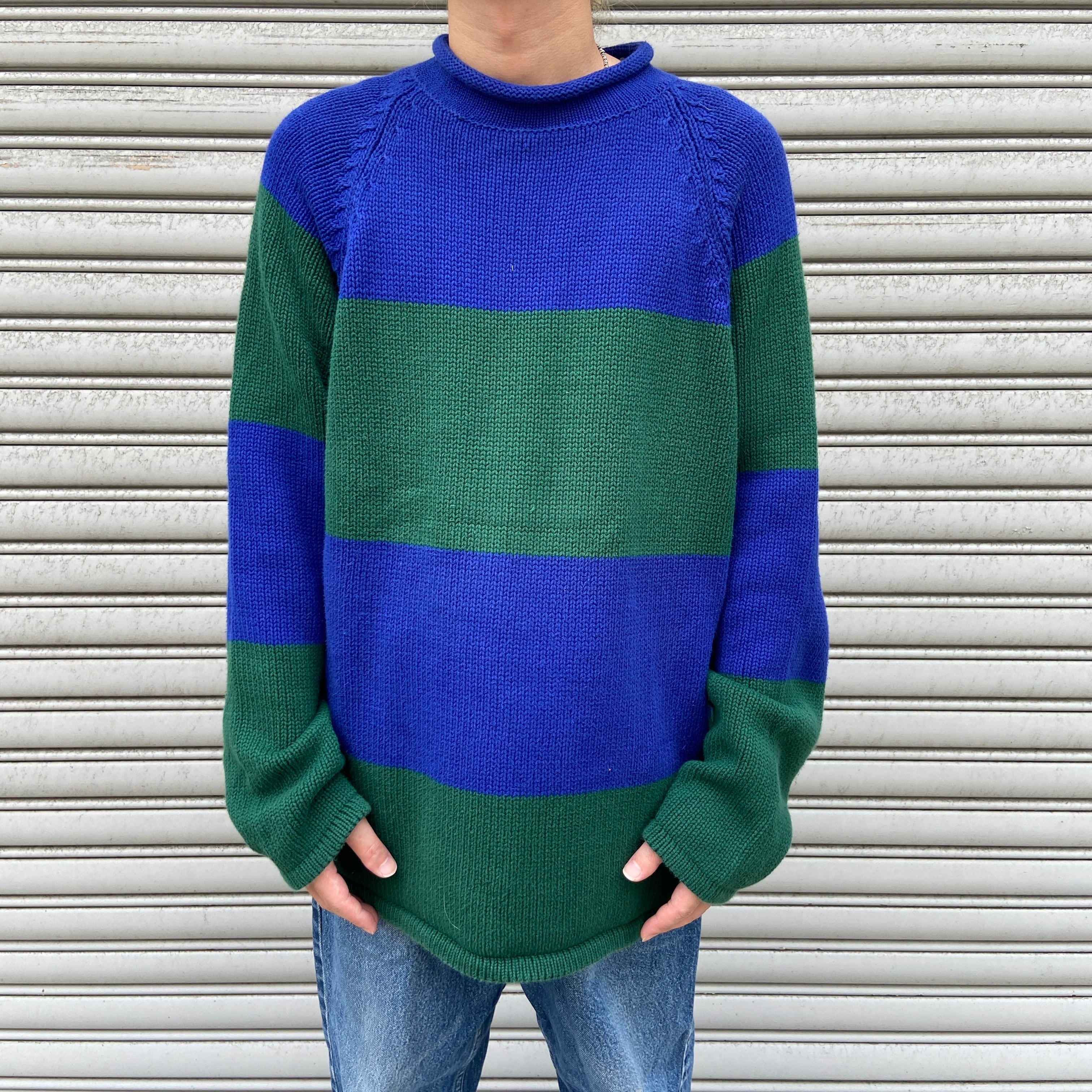 90s J.CREW ボーダー柄ロールネックコットンニット セーター 緑 青 L