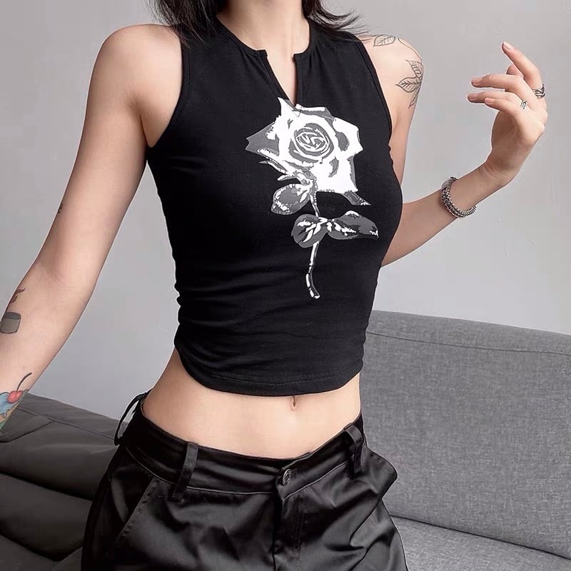 トップス 薔薇 タンクトップ セクシー ダンス クラブ Y2K トップス 黒