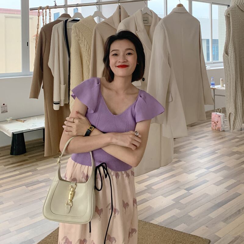 スリーブセーター Vネックソリッド カラープルオーバー スプリングトップス 春物 ソリッドカラー ビッグFスモールZ韓国27225528972